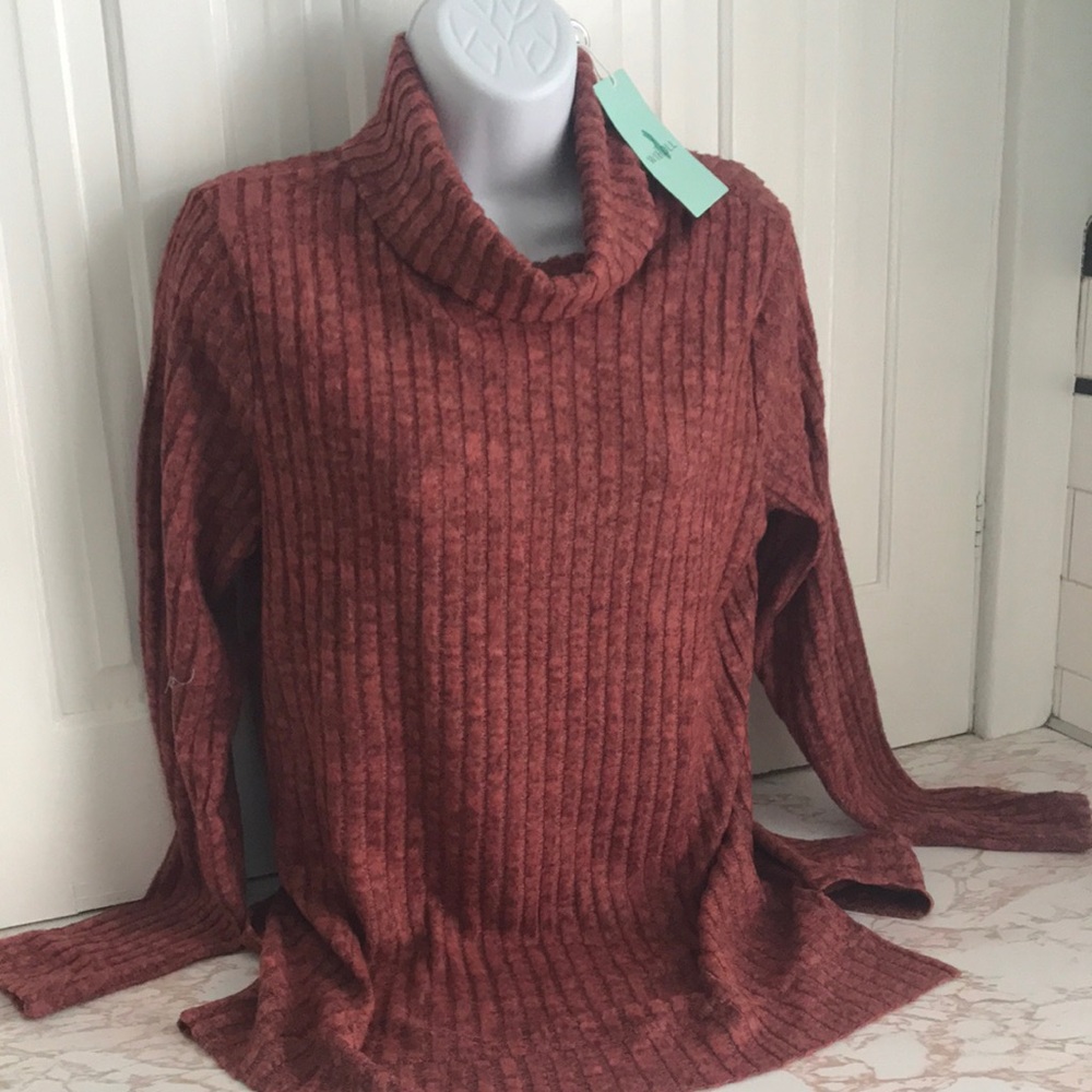 Women's Ribbed Cowl Neck Sweater - Rust